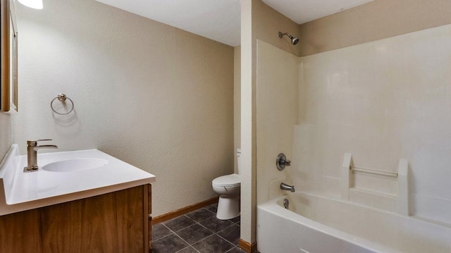 full bathroom with washtub / shower combination, vanity, and toilet