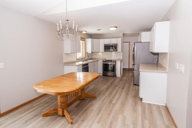 kitchen with sink, white cabinets, decorative backsplash, stainless steel appliances, and light hardwood / wood-style flooring