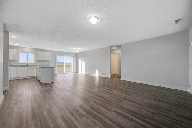 unfurnished living room featuring dark hardwood / wood-style flooring, sink, and a textured ceiling