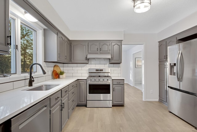 kitchen featuring sink, gray cabinets, stainless steel appliances, tasteful backsplash, and light hardwood / wood-style floors