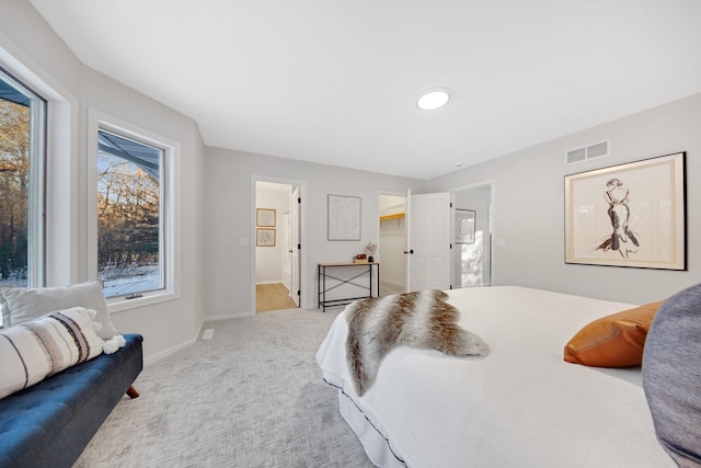 carpeted bedroom featuring ensuite bath and multiple windows