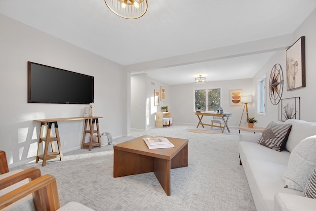 living room featuring light carpet