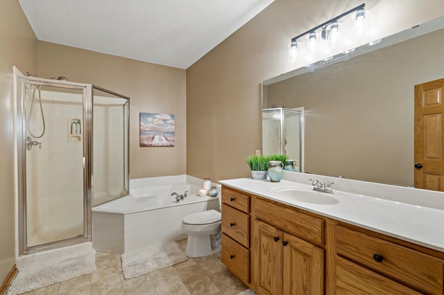 full bathroom with a garden tub, toilet, a shower stall, and vanity