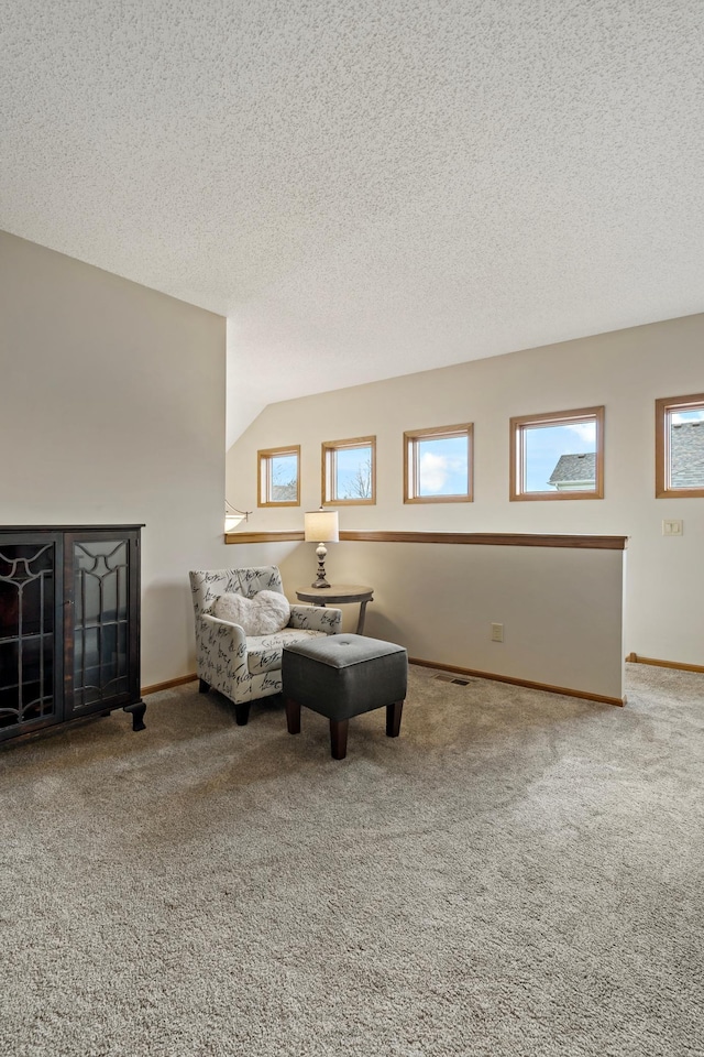 sitting room featuring carpet, visible vents, a textured ceiling, and baseboards