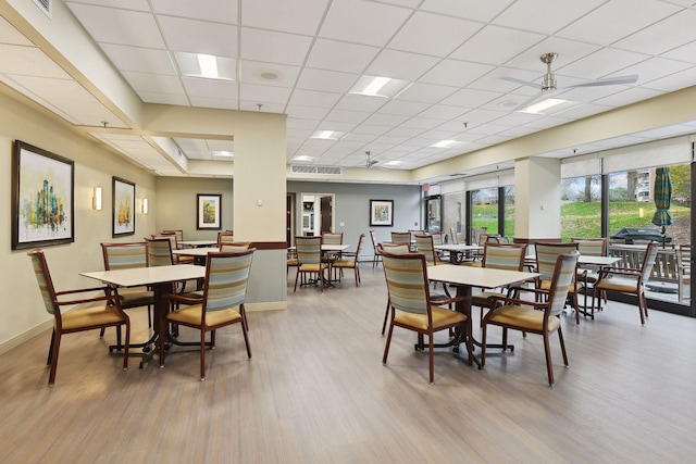 dining room featuring a drop ceiling, wood-type flooring, and ceiling fan