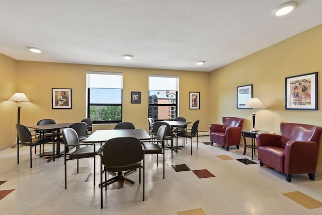 dining room with a textured ceiling