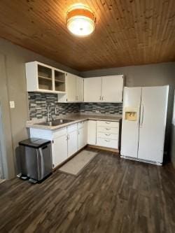 kitchen with white cabinetry, dark hardwood / wood-style flooring, decorative backsplash, white fridge with ice dispenser, and wooden ceiling