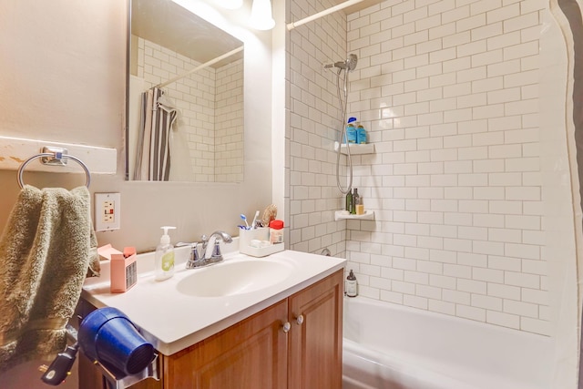 bathroom with vanity and shower / tub combo with curtain