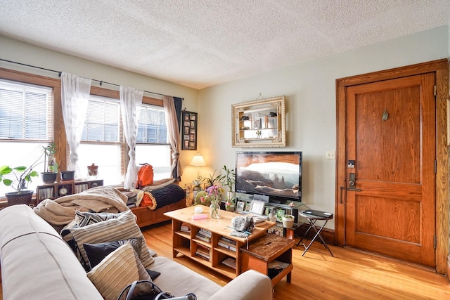 living room with light hardwood / wood-style flooring and a textured ceiling