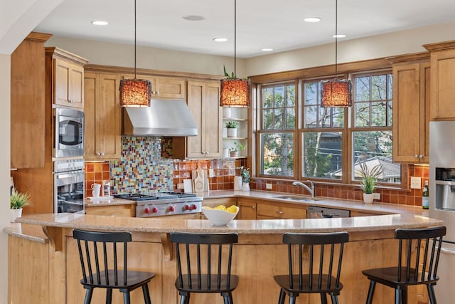 kitchen featuring a sink, stainless steel appliances, a wealth of natural light, and exhaust hood