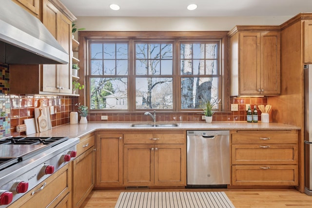 kitchen featuring under cabinet range hood, backsplash, appliances with stainless steel finishes, and a sink