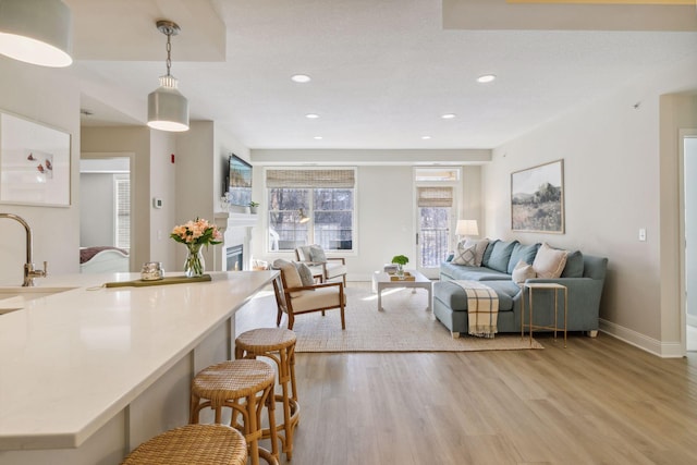 living room featuring sink and light wood-type flooring