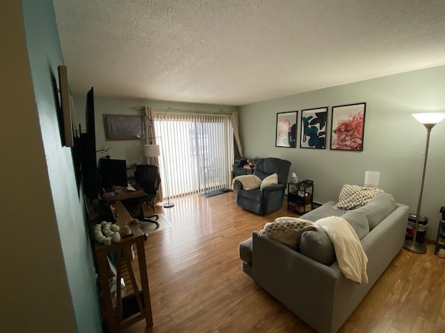 living room featuring hardwood / wood-style floors and a textured ceiling