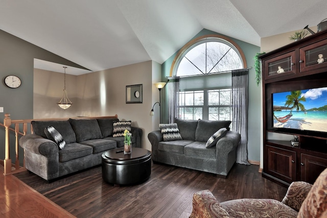 living room with vaulted ceiling and dark wood-type flooring