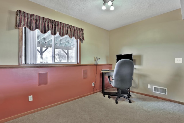 office space featuring carpet floors and a textured ceiling