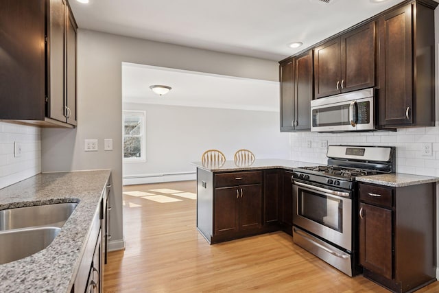 kitchen with light wood-style flooring, appliances with stainless steel finishes, a peninsula, a baseboard radiator, and dark brown cabinets