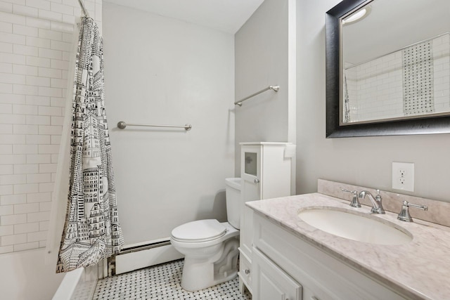 bathroom featuring shower / bathtub combination with curtain, toilet, vanity, and a baseboard radiator