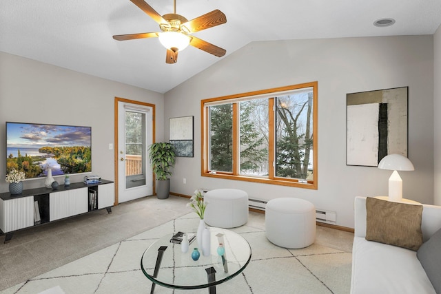 living room featuring lofted ceiling, light colored carpet, ceiling fan, and baseboard heating