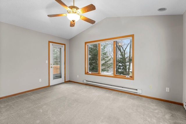 unfurnished room featuring ceiling fan, lofted ceiling, light carpet, and baseboard heating