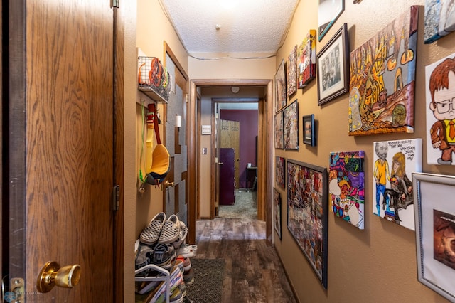 hall featuring dark hardwood / wood-style floors and a textured ceiling