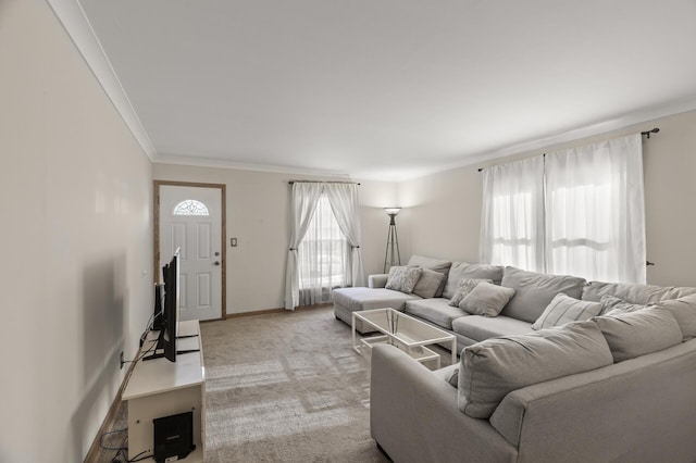 living room featuring crown molding and light carpet