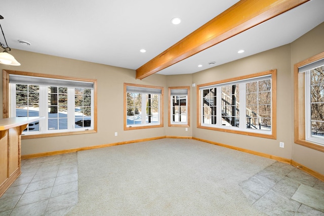 spare room featuring beamed ceiling, recessed lighting, light colored carpet, and baseboards