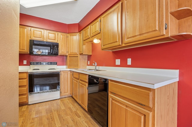 kitchen with sink, light hardwood / wood-style floors, and black appliances