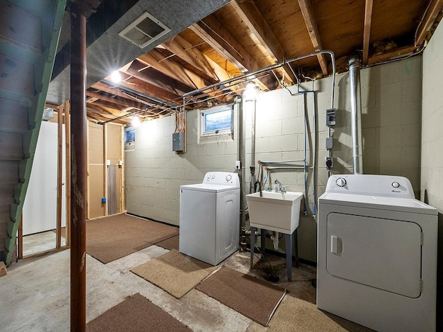 laundry area with laundry area, electric panel, visible vents, washer and clothes dryer, and a sink