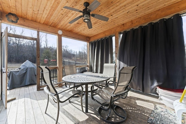 sunroom featuring wooden ceiling and ceiling fan