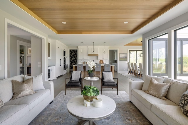 living room featuring a tray ceiling, wooden ceiling, and a healthy amount of sunlight