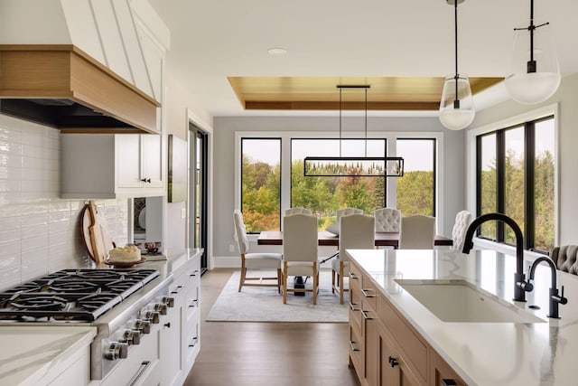 kitchen featuring sink, custom exhaust hood, a tray ceiling, stainless steel gas stovetop, and white cabinets