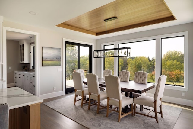 dining space featuring sink, wood ceiling, a notable chandelier, wood-type flooring, and a raised ceiling