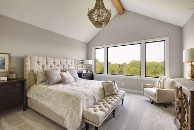 bedroom with high vaulted ceiling, light carpet, and beam ceiling