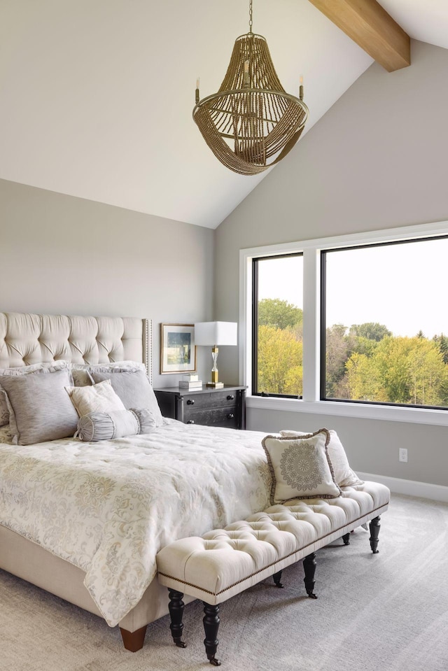 bedroom featuring beamed ceiling, carpet, and high vaulted ceiling