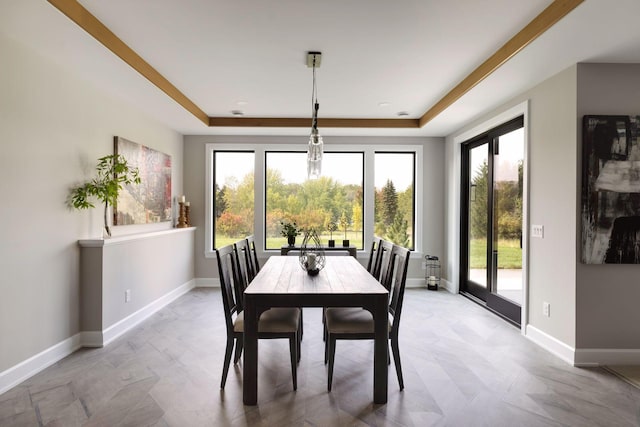 dining space featuring a raised ceiling