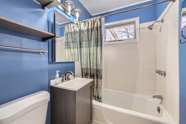 full bathroom with vanity, ornamental molding, shower / bath combination with curtain, and toilet