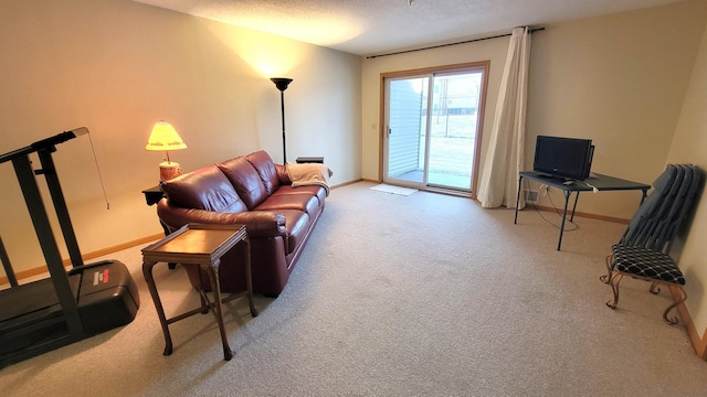 carpeted living room with a textured ceiling