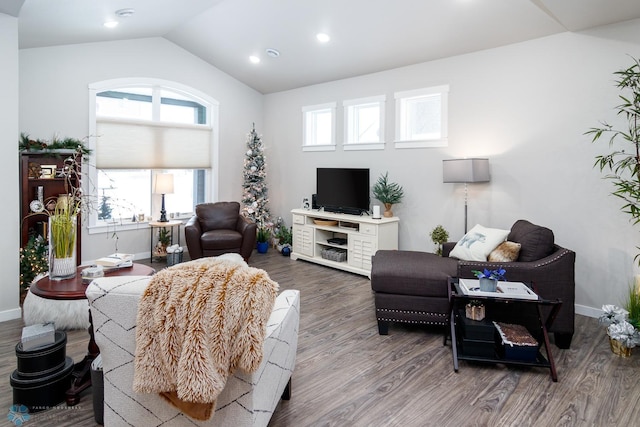 living room featuring lofted ceiling, wood-type flooring, and a healthy amount of sunlight