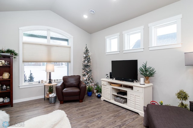 living room with lofted ceiling and dark hardwood / wood-style floors