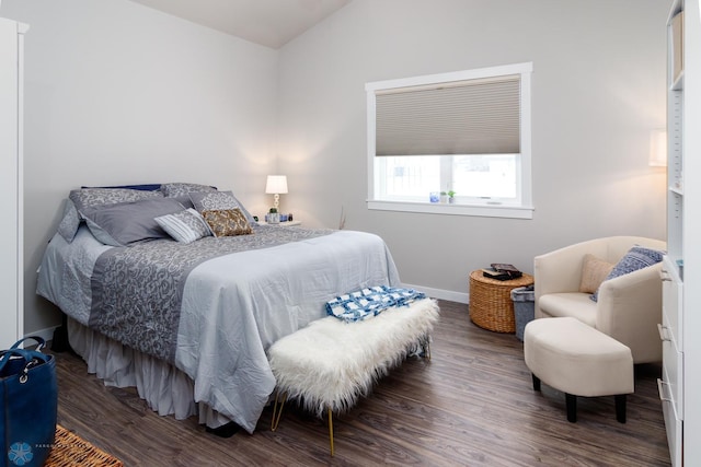 bedroom with lofted ceiling and dark wood-type flooring