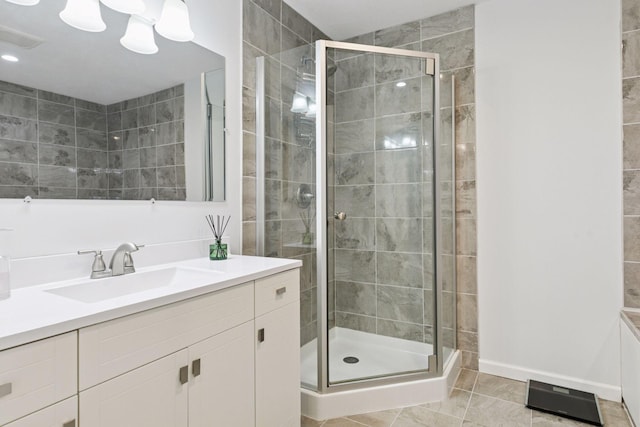 1524 Mulberry St, Taylors Falls, MN 55084 - full bathroom with a shower stall, vanity, tile patterned floors, baseboards, and recessed lighting