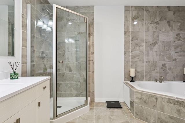 1524 Mulberry St, Taylors Falls, MN 55084 - bathroom featuring vanity, a garden tub, a shower stall, and baseboards