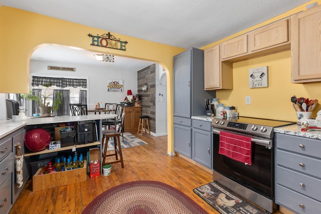 kitchen featuring gray cabinets, stainless steel range with electric cooktop, light hardwood / wood-style floors, and light brown cabinets