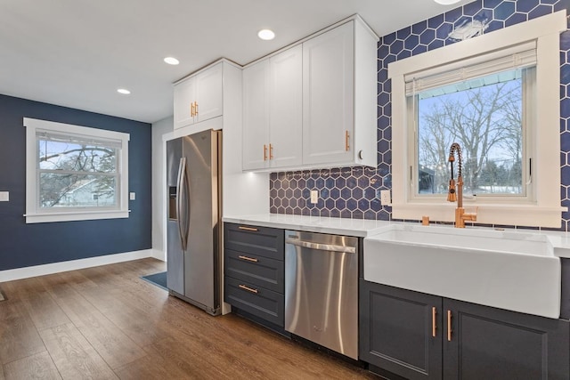 kitchen featuring sink, tasteful backsplash, appliances with stainless steel finishes, dark hardwood / wood-style floors, and white cabinets