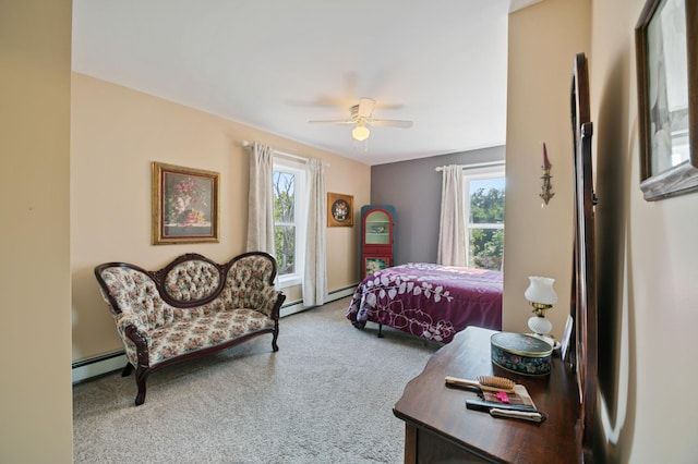 bedroom featuring carpet flooring, ceiling fan, and baseboard heating