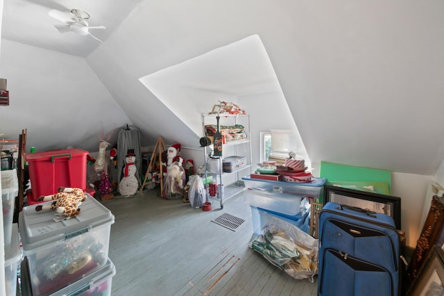 bonus room featuring vaulted ceiling, ceiling fan, and light hardwood / wood-style floors