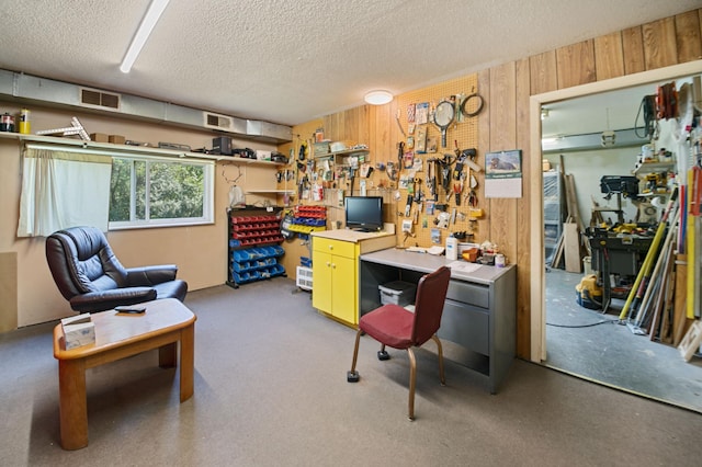 304 Main St S, Saint Michael, MN 55376 - office space featuring a workshop area, wooden walls, and a textured ceiling