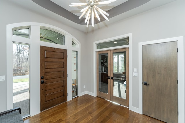 entryway with a tray ceiling, baseboards, dark wood-style flooring, and a wealth of natural light