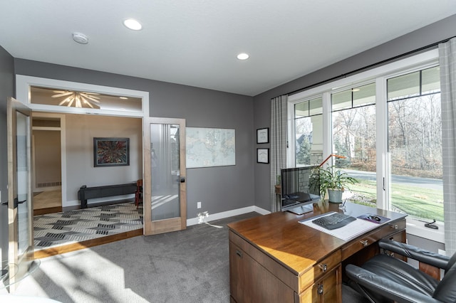 home office with recessed lighting, baseboards, and dark carpet