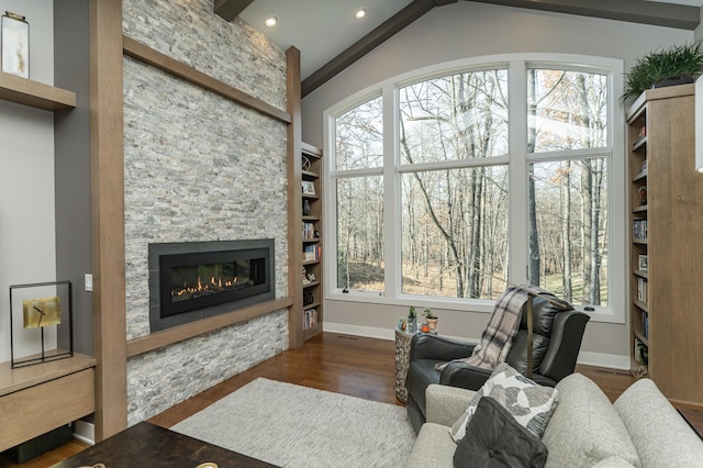 living room with a fireplace, built in shelves, wood finished floors, and a wealth of natural light